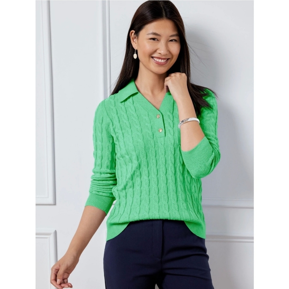 Talbots Plus Cable Knit Johnny Collar‎ Sweater Green Pocket Long-Sleeve